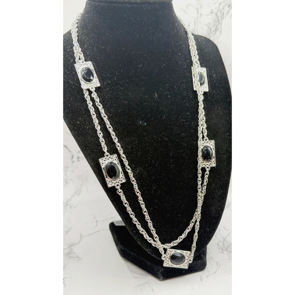 Vintage Emmons Long Necklace Black Faceted Silver Chain 44" Statement